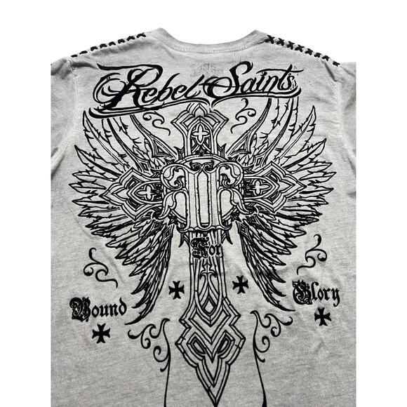 Y2K Rebel Saints Shirt Mens Medium Affliction Biker Angel Wings Skull Grunge - Picture 5 of 11